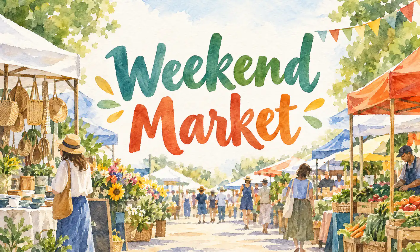 Cartel de acuarela generado con IA para un mercado, con el título grande «Weekend Market» en el centro. Descripción: Cartel de acuarela de un mercado de fin de semana, título grande «Weekend Market» en el centro, sin más texto