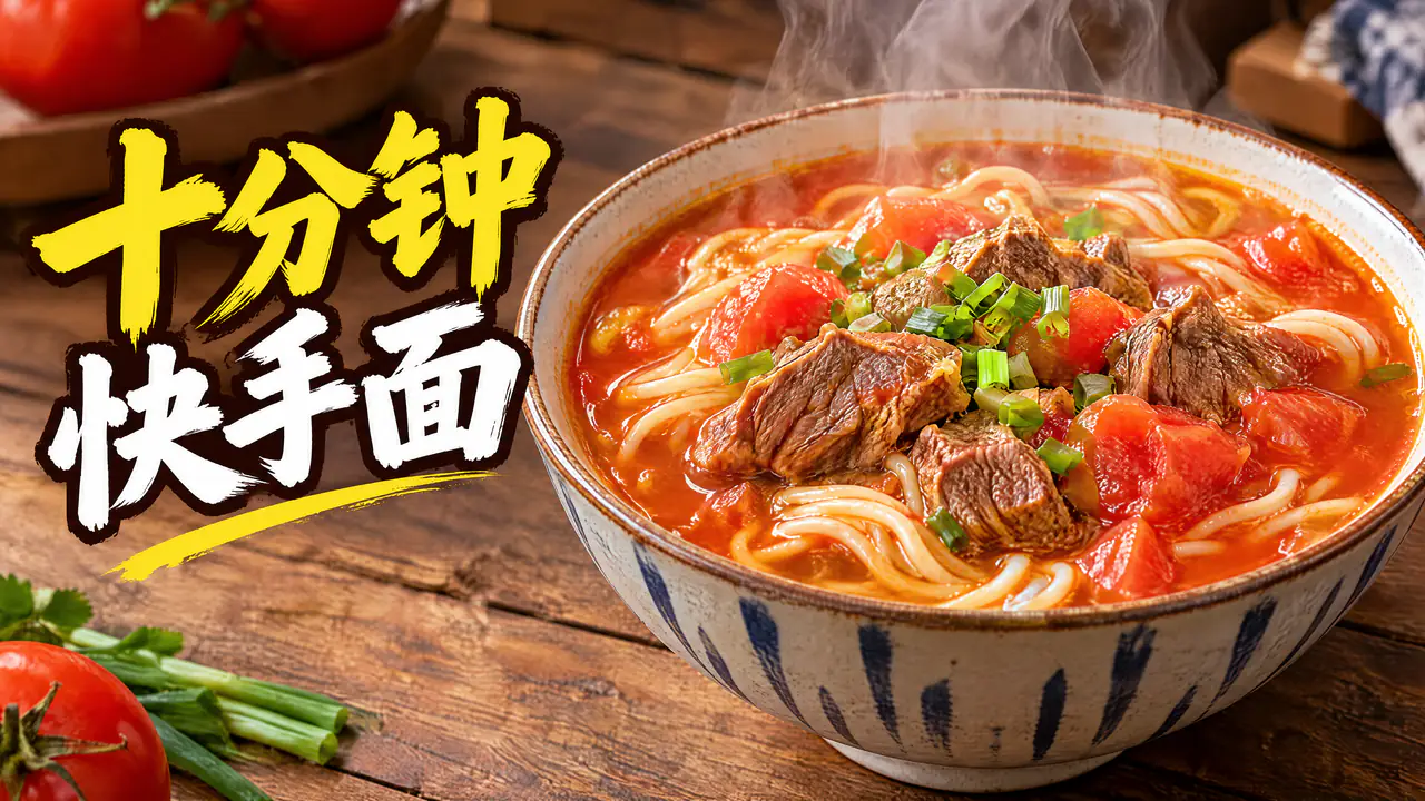 AI 生成的 16:9 美食视频封面：木桌上一碗冒热气的番茄牛肉面，左侧写着大字「十分钟快手面」